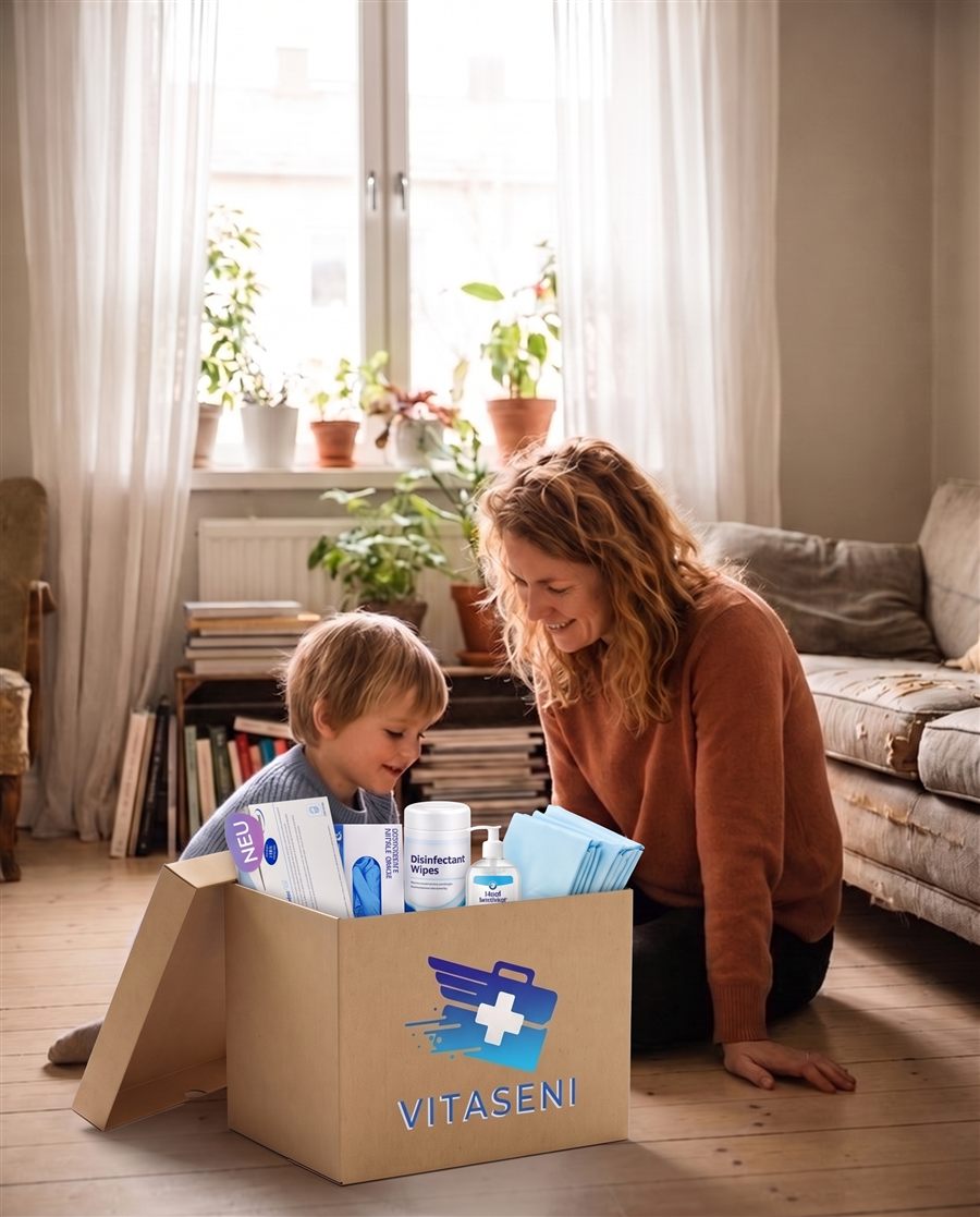 Mutter und Kind zu Hause vor einer geöffneten Vitaseni-Pflegebox mit dem neuen MaiMed Kindermundschutz, Einmalhandschuhen, Desinfektionstüchern und Bettschutzeinlagen